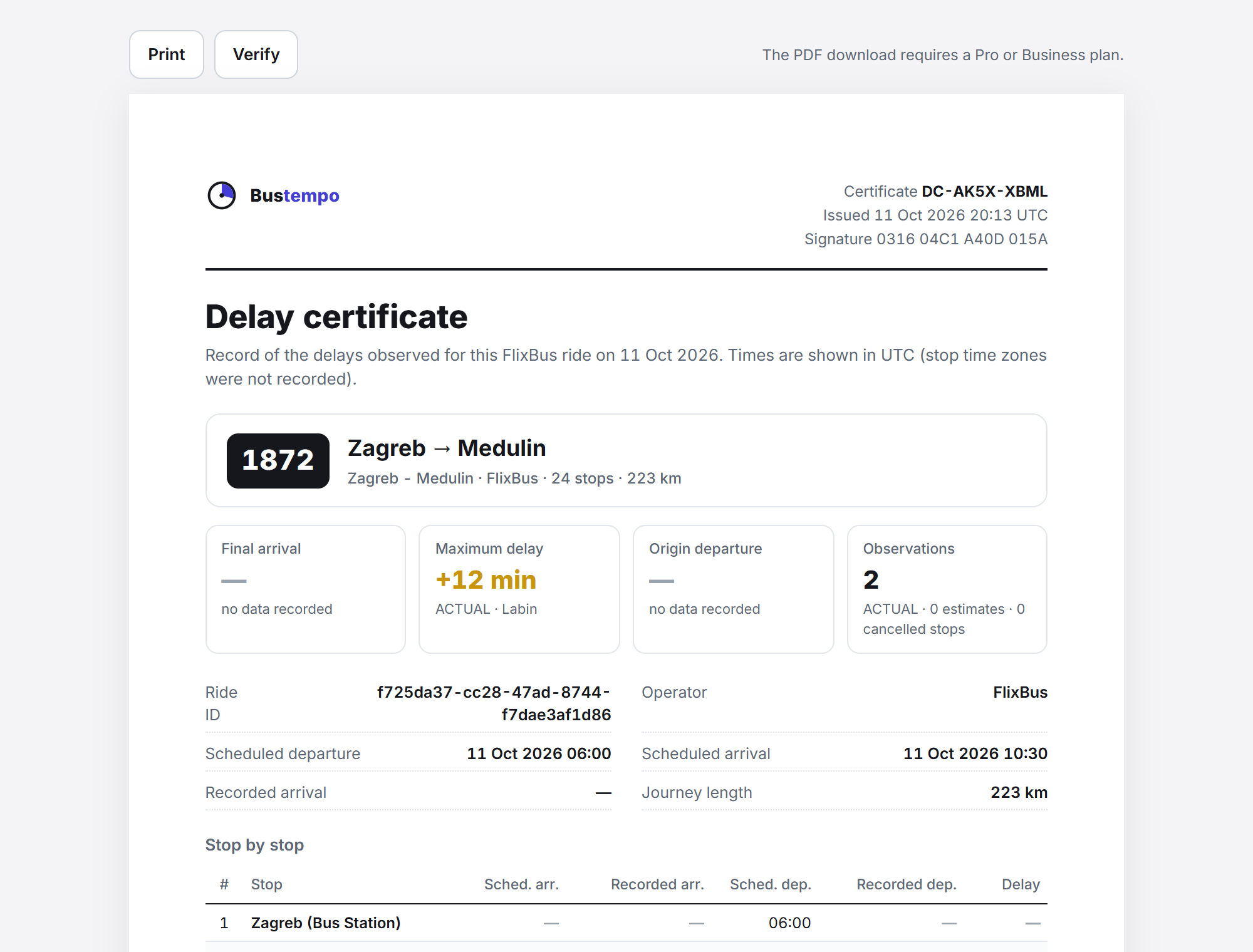 A delay certificate listing scheduled and actual times per stop