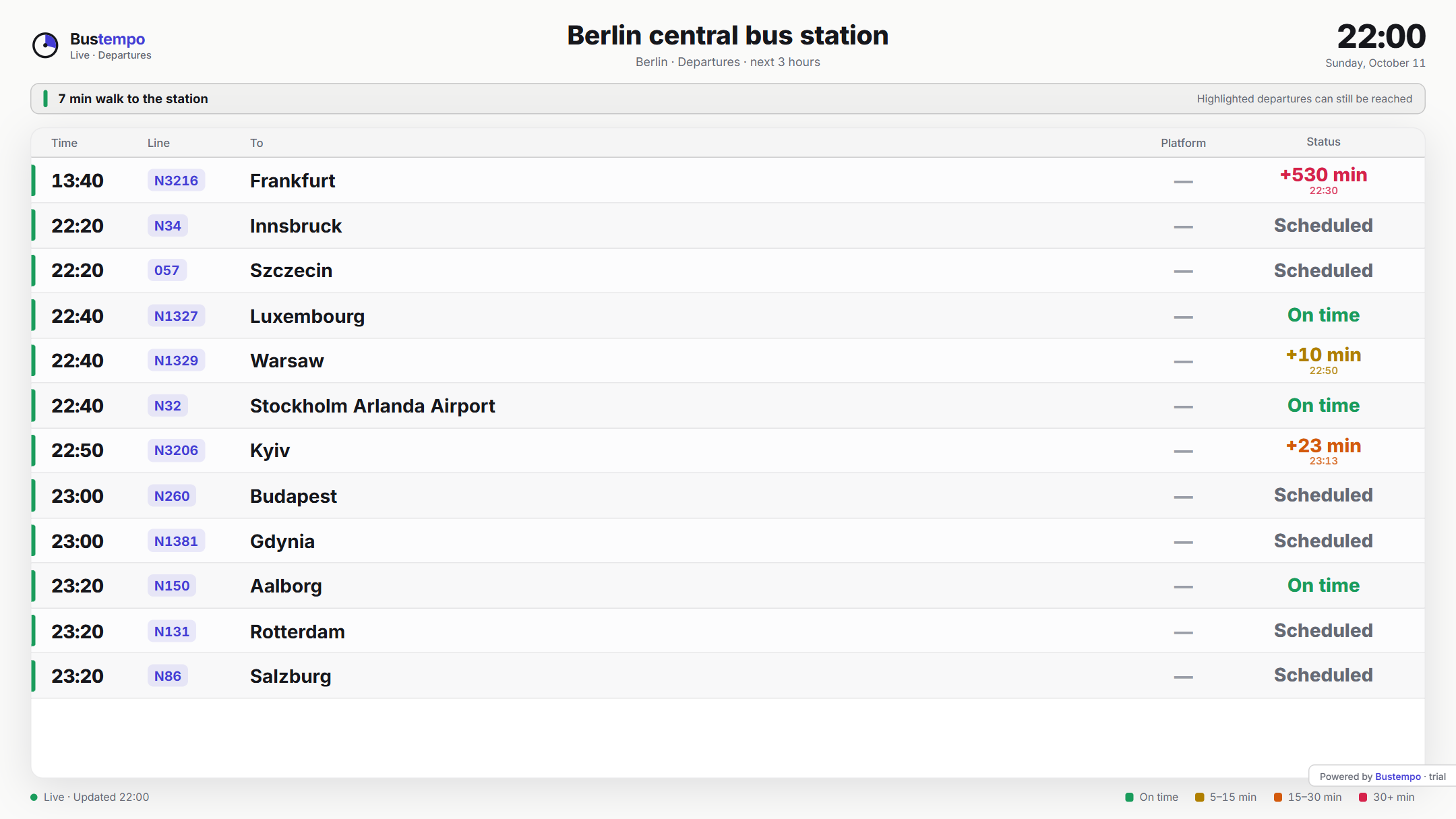 A departure board for a bus station on a TV